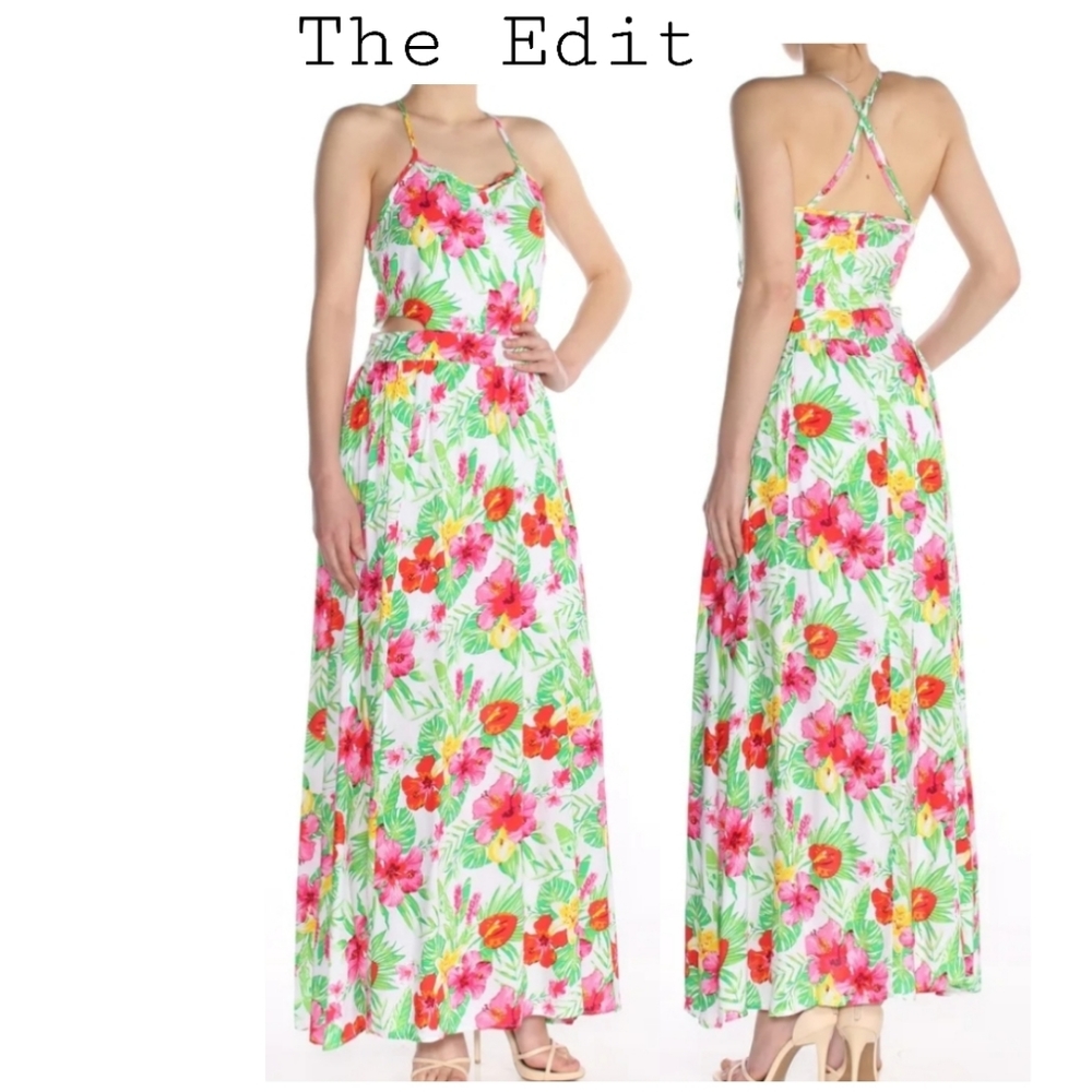 THE EDIT green/pink floral spaghetti strap maxi